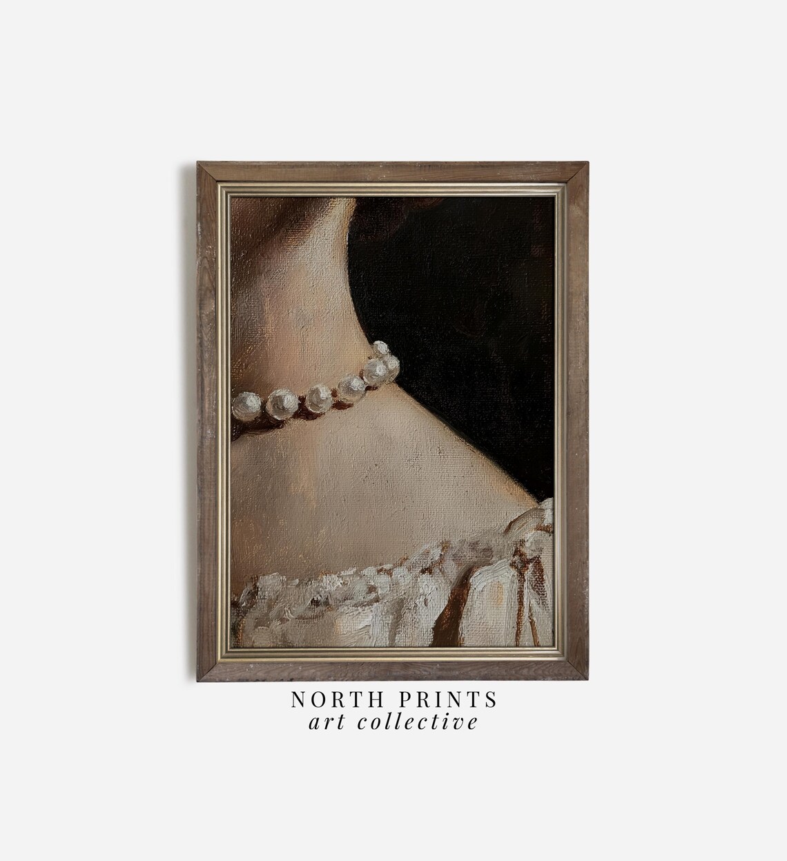 Moody Portrait Painting, Pearl Necklace Woman Print