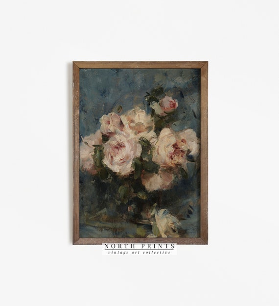 Moody Roses Still Life Painting, Romantic Vintage Art Print
