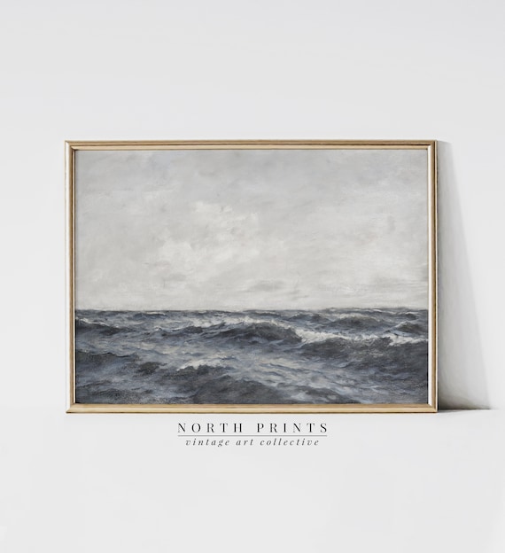 Moody Grey Ocean Waves Vintage Seascape Painting Coastal Poster