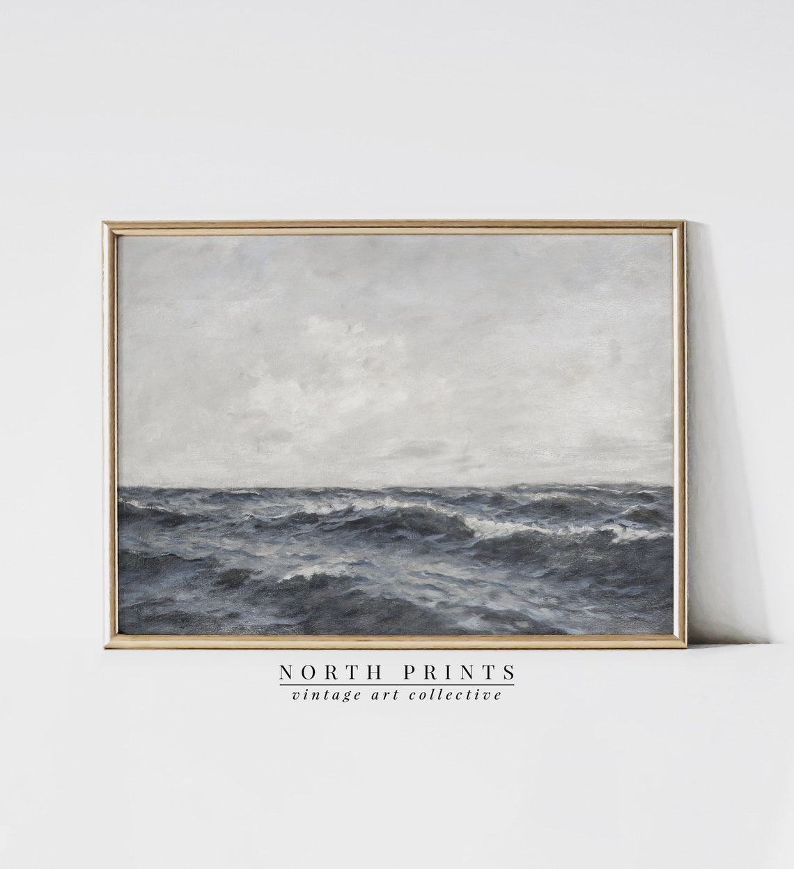 Moody Grey Ocean Waves Vintage Seascape Painting Coastal Poster