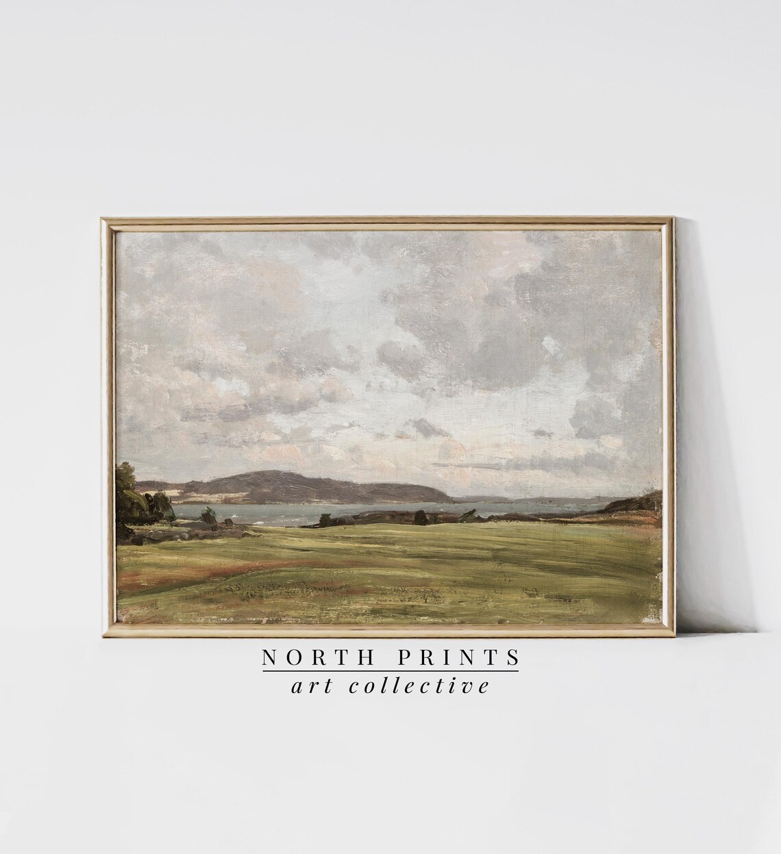 Green Meadow Lake Distant Hills Cloudy Sky Vintage Landscape Painting Wall Print - Image 2
