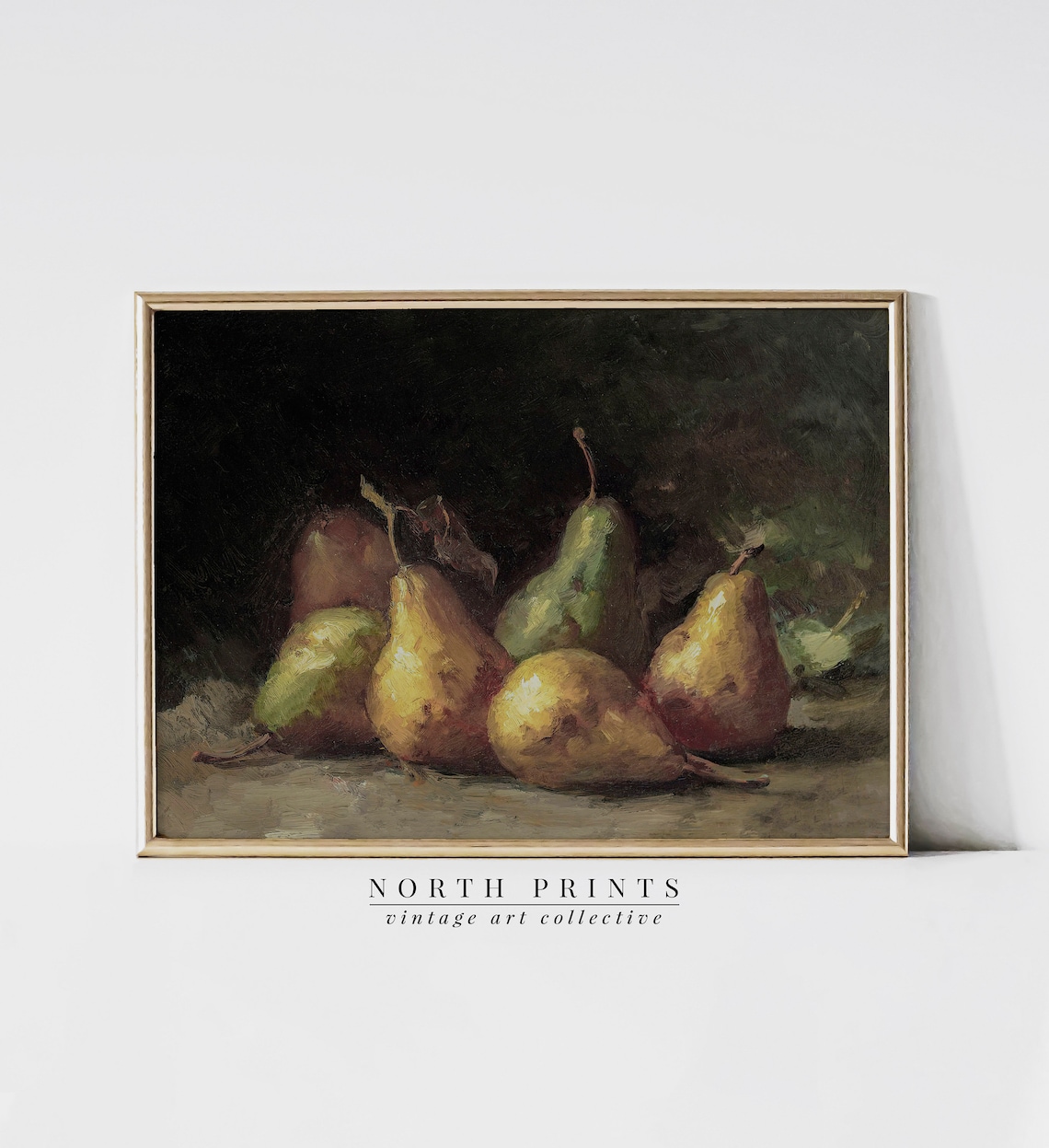 Vintage Kitchen Still Life, Moody Pear Art Print