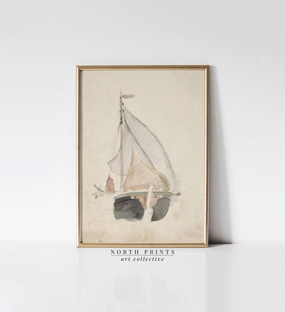 Antique Nautical Watercolor Boat, Coastal Farmhouse Art Print
