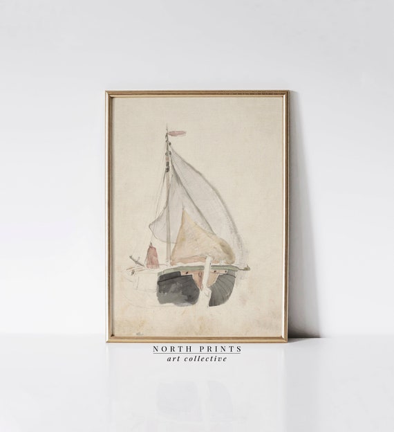 Antique Nautical Watercolor Boat, Coastal Farmhouse Art Print