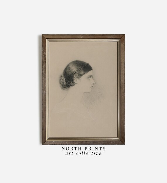 Antique Woman Profile Portrait Sketch Delicate Pencil Drawing Neutral Wall Print