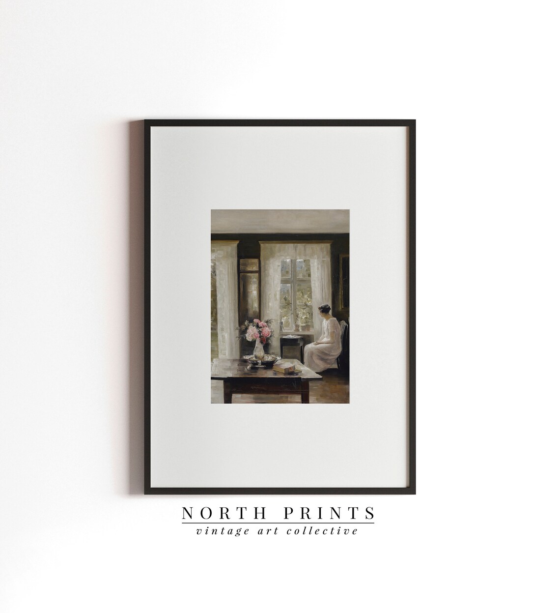 Woman by Window Pink Peonies Quiet Interior Vintage Painting Poster - Image 3