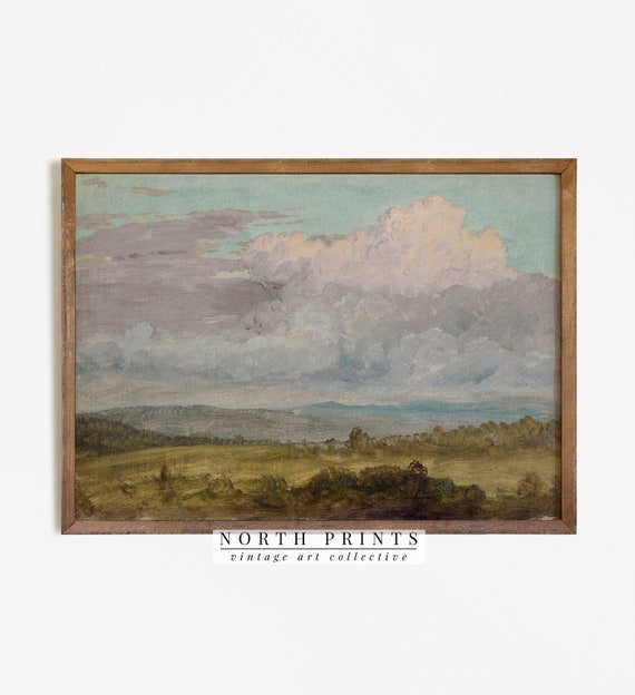 Vintage French Landscape Art Print, Antique Country Clouds