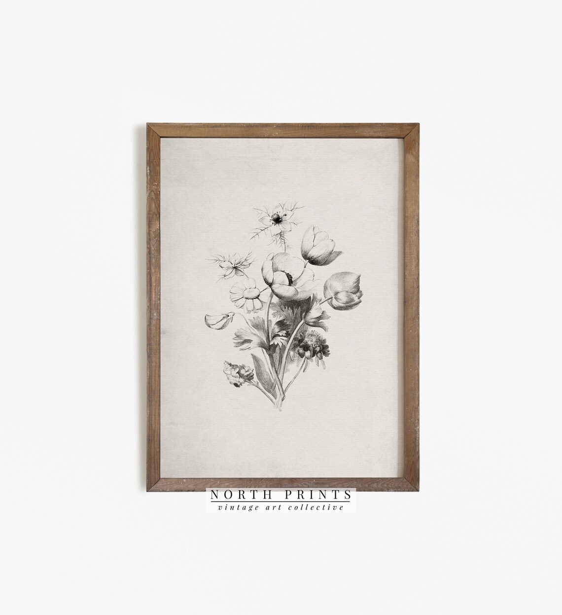 Antique Neutral Flower Sketch, Farmhouse Floral Art Print