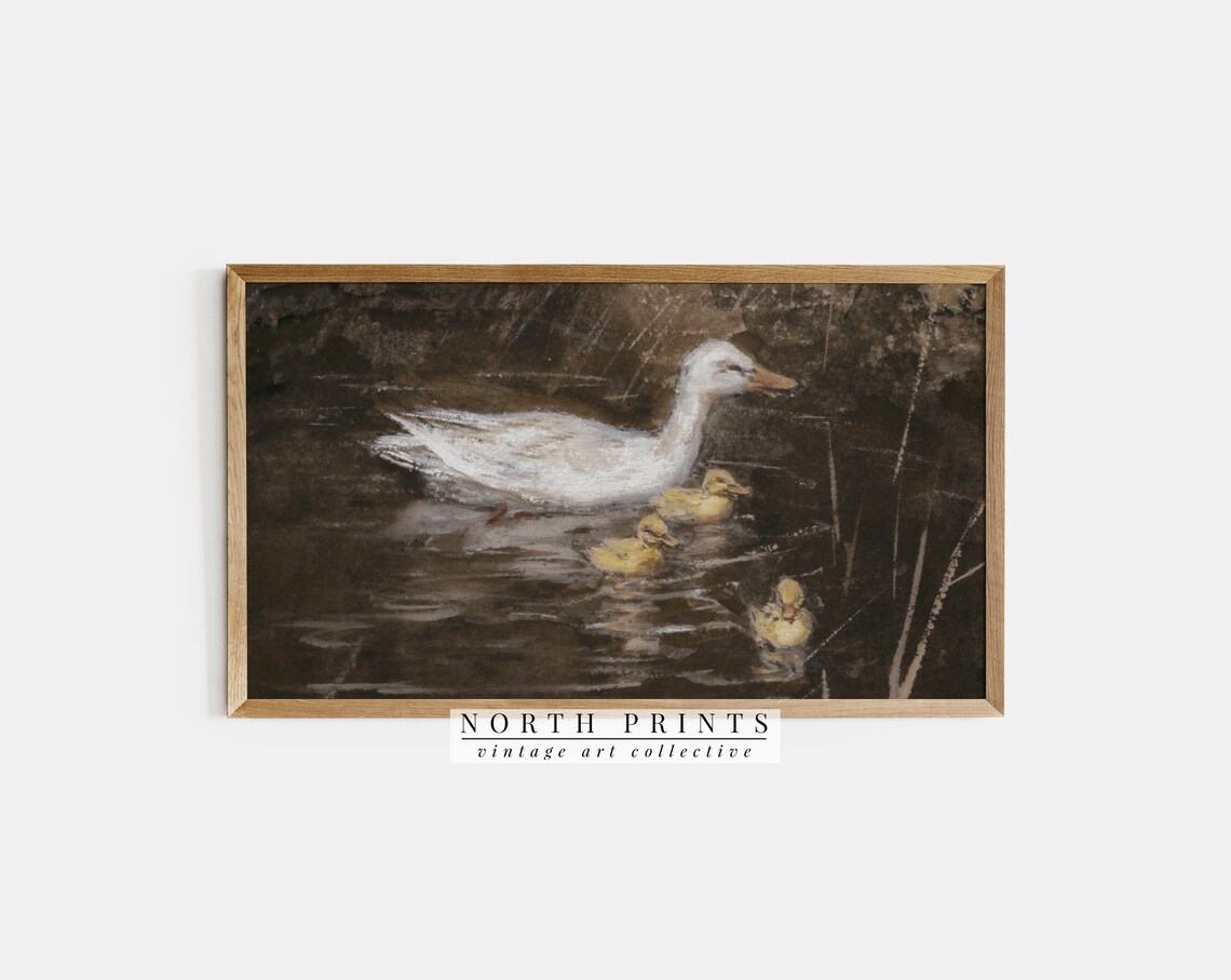 White Mother Duck Ducklings Pond Moody Vintage Wildlife Art Print