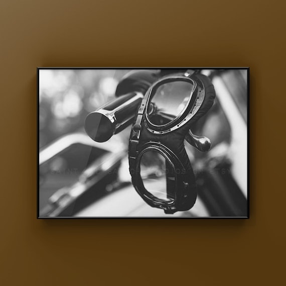 Vintage Motorcycle Goggles Handlebar Black and White Photography Print