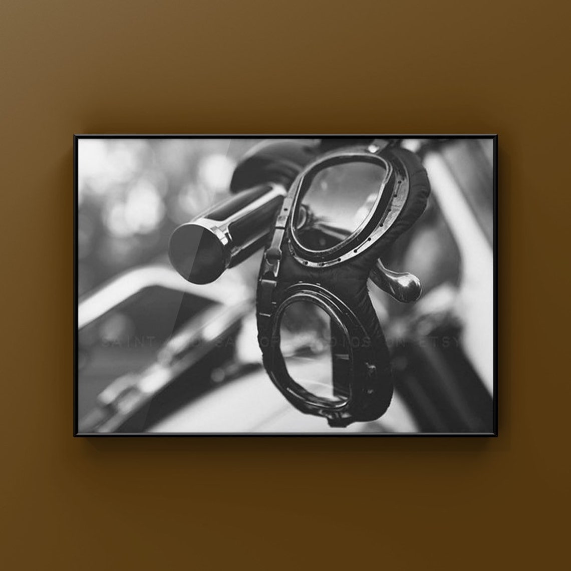 Vintage Motorcycle Goggles Handlebar Black and White Photography Print