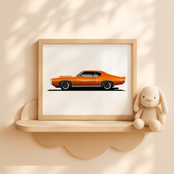 Orange Classic American Muscle Car Side Profile Nursery Automotive Poster
