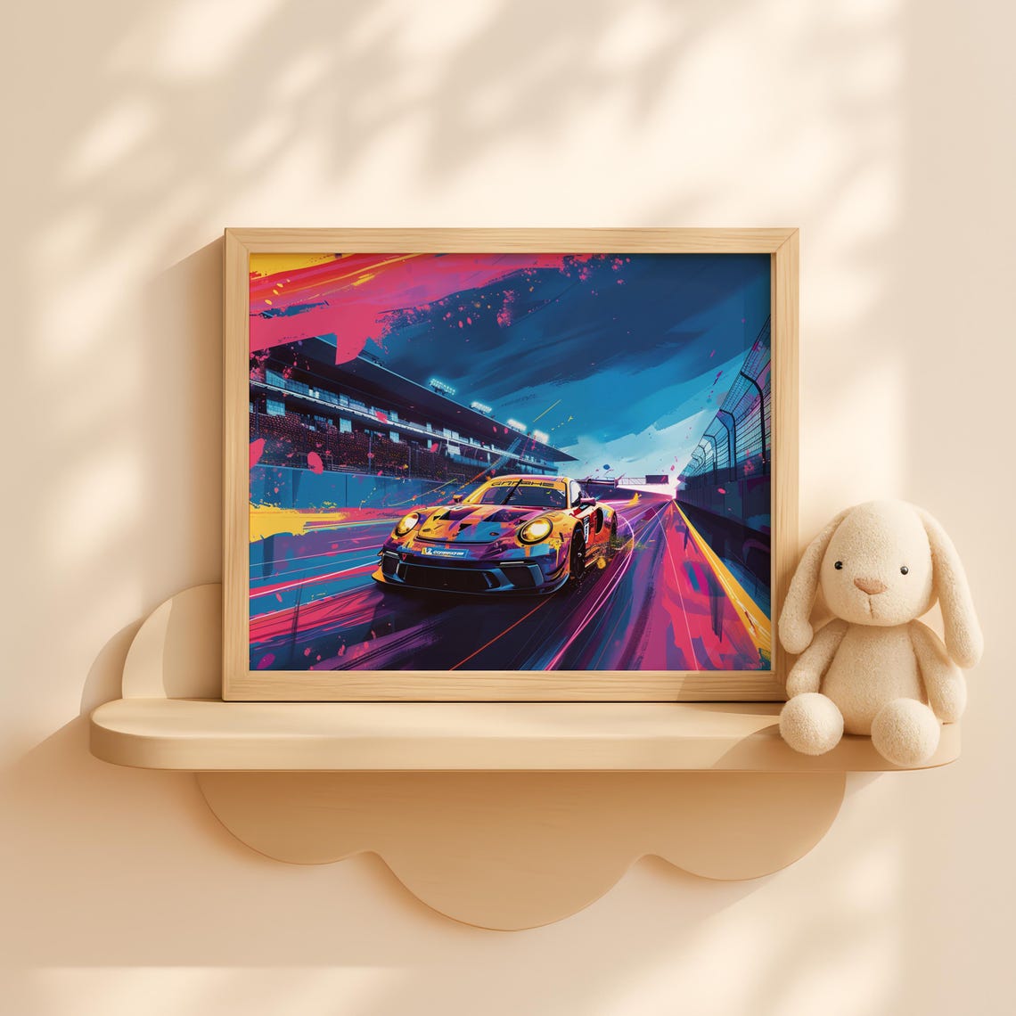 Neon Night Racetrack Race Car Bold Colorful Speed Art Poster