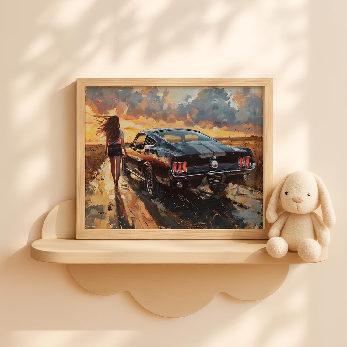 Girl with Classic Black Mustang Car on Sunset Beach Art Poster