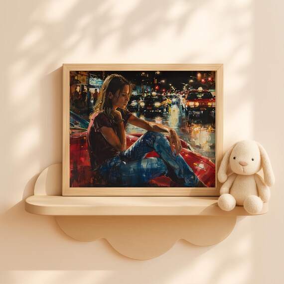 Girl On Red Sports Car At Night Moody City Lights Print Glam Urban Wall Art Modern