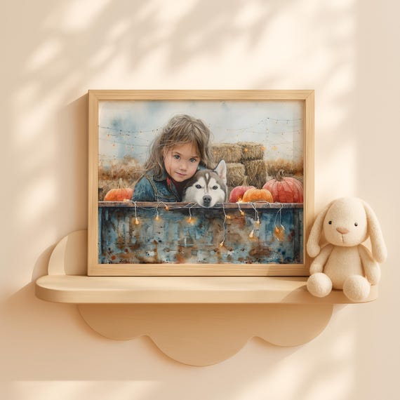 Fall Pumpkin Market Wall Art Girl With Husky Puppy Rustic Truck Autumn Scene Country Farm Decor Painting