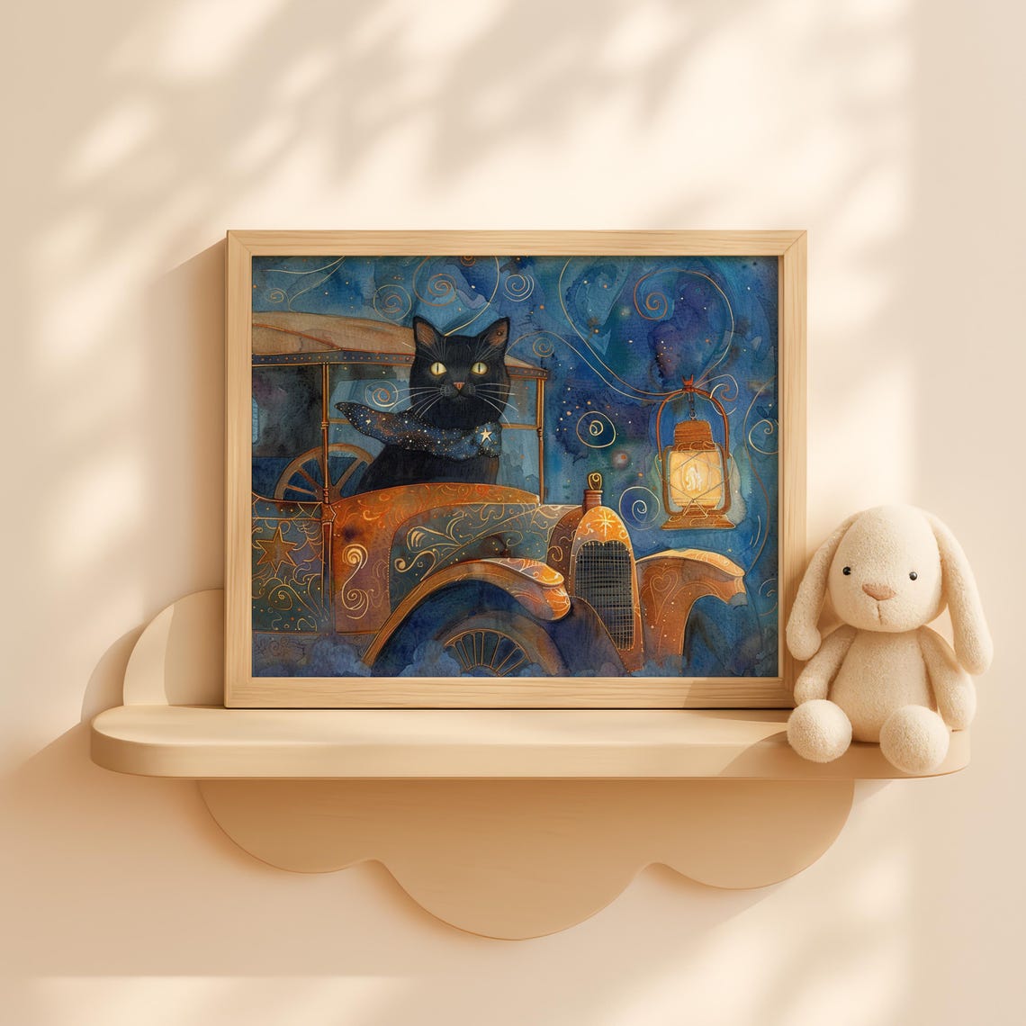 Halloween Black Cat Driving Rusty Truck Enchanted Autumn Wall Art Mystical Kids Pumpkin Decor Whimsical