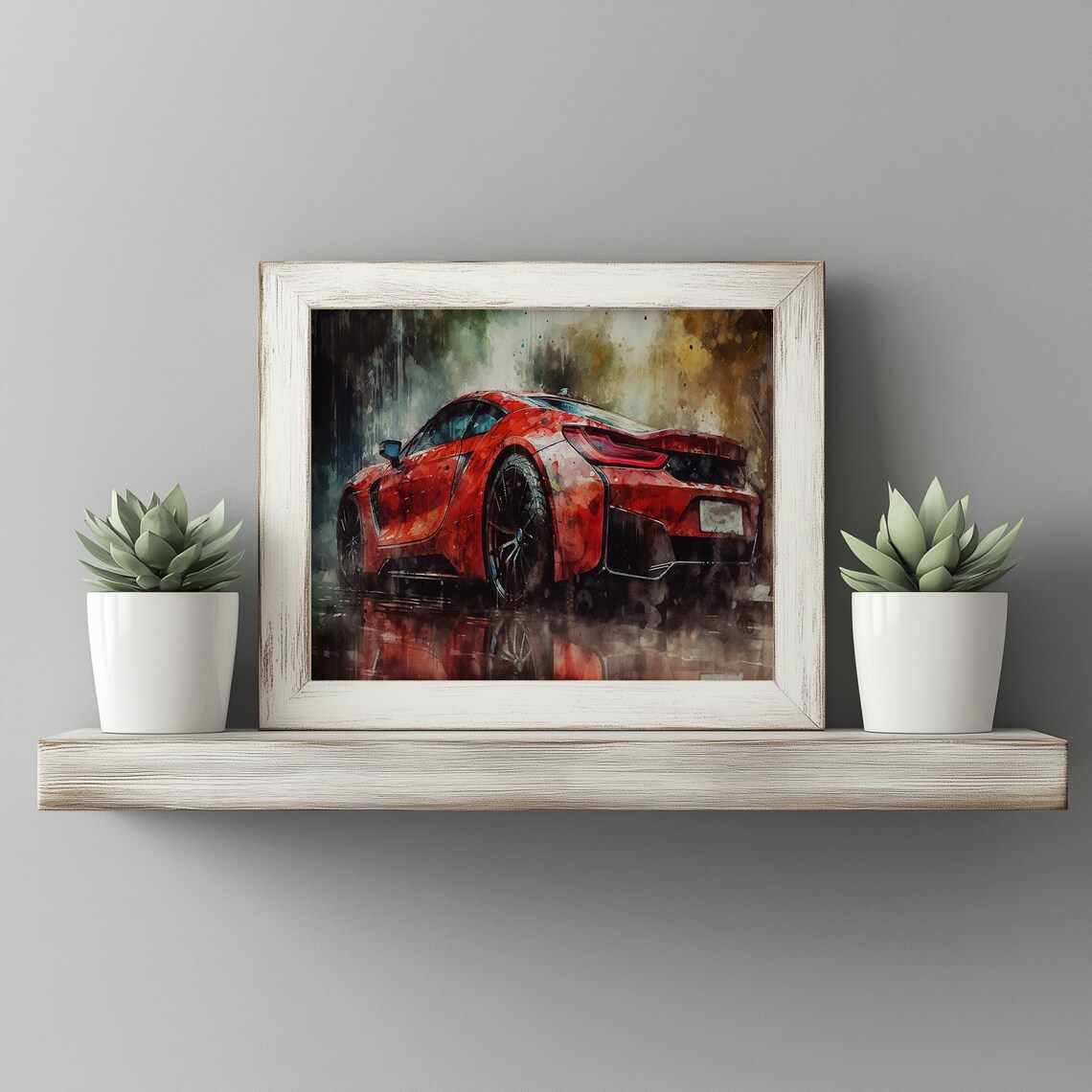 Red Supercar Rainy Street Watercolor Sports Car Painting Poster