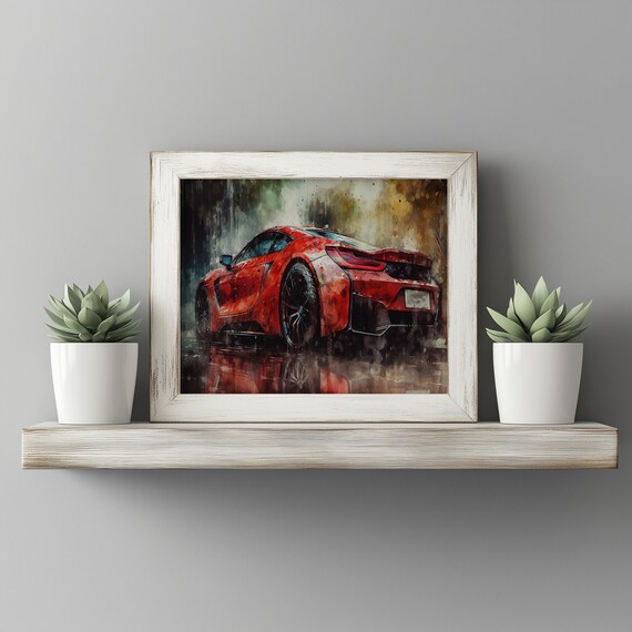 Red Sports Car Wall Art Moody Urban Night Scene Print