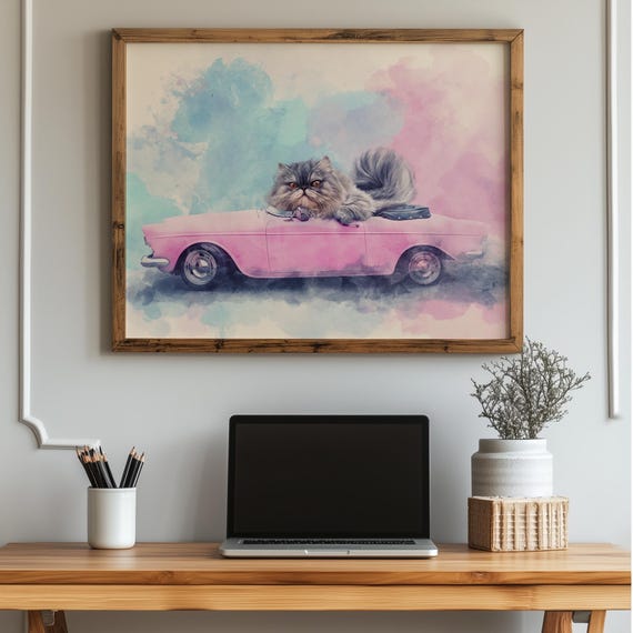Fluffy Cat In Pink Ride Watercolor Print Retro Animal Wall Art Whimsical Nursery Decor