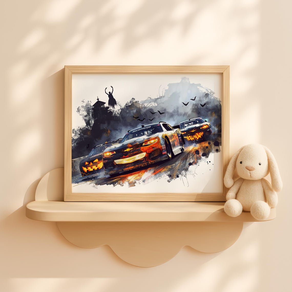 Halloween Race Car Wall Art Spooky Track With Glowing Lights Haunted Speedway Fall Decor