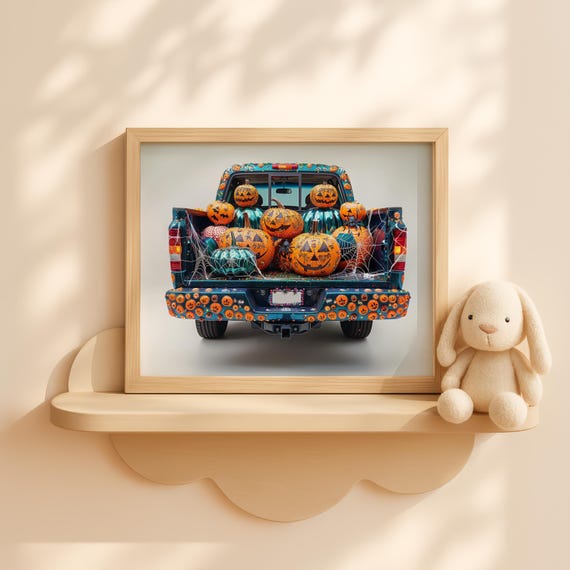 Halloween Truck With Pumpkins Art Kids Room Fall Wall Decor Cute Pumpkin Trunk Scene Spooky Autumn