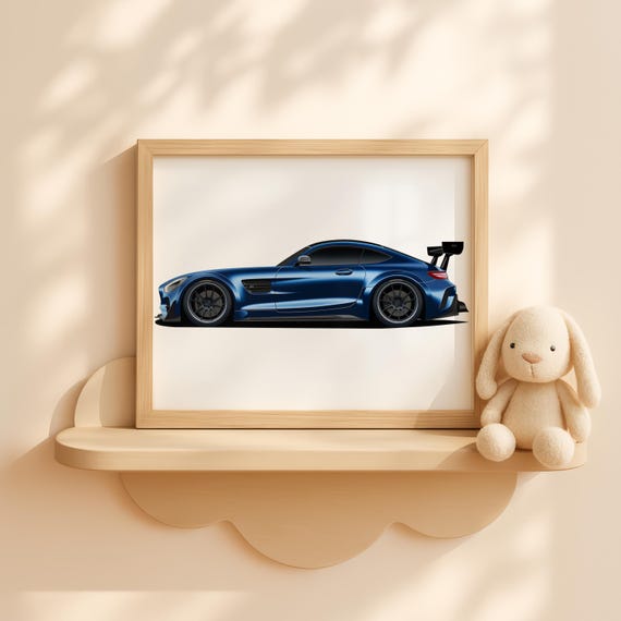 Nursery Blue Sports Car Vehicle Wall Art For Baby Boy Room Toddler Racing Decor Artwork