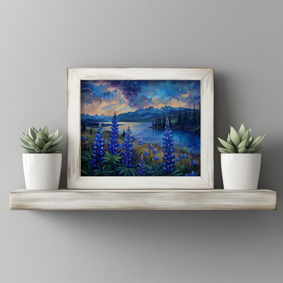 Arctic Meadow Of Blue Lupines Under Northern Sky Winter Landscape Wall Art Moody Night Scene Mountain Decor