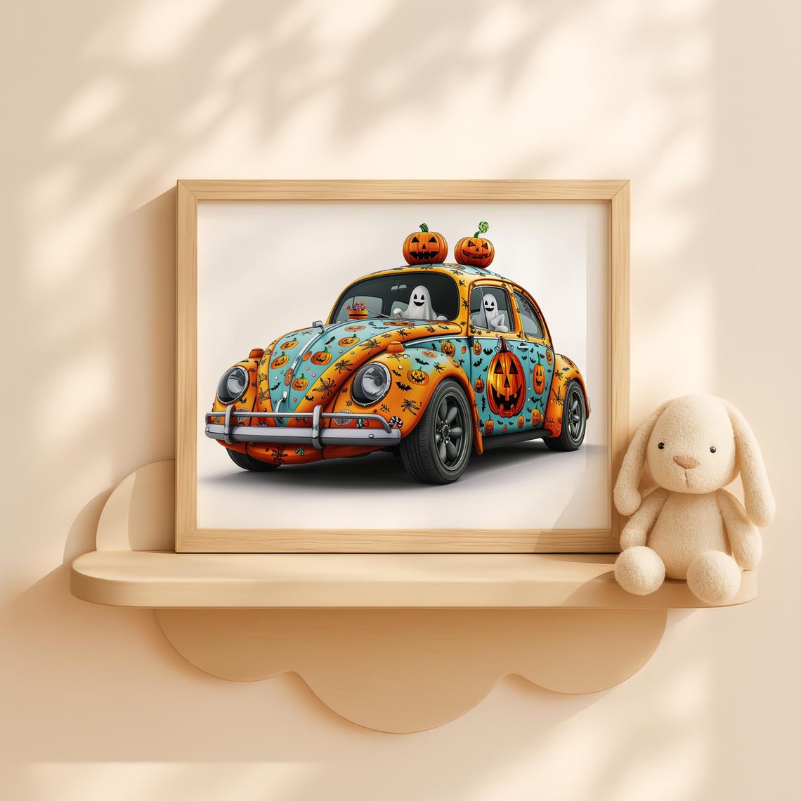 Retro Beetle Style Car In Halloween Pumpkin Wrap With Ghosts Wall Art