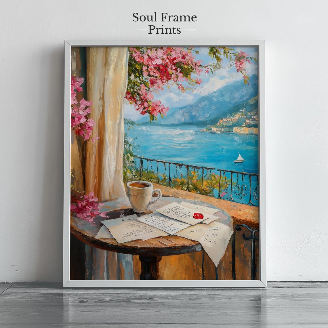 Romantic Mediterranean Balcony Coffee Letters Sea View Wall Art