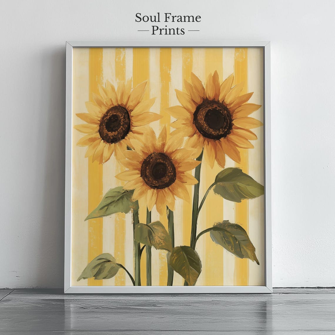 Three Bright Sunflowers Painting Poster On Yellow Striped Background