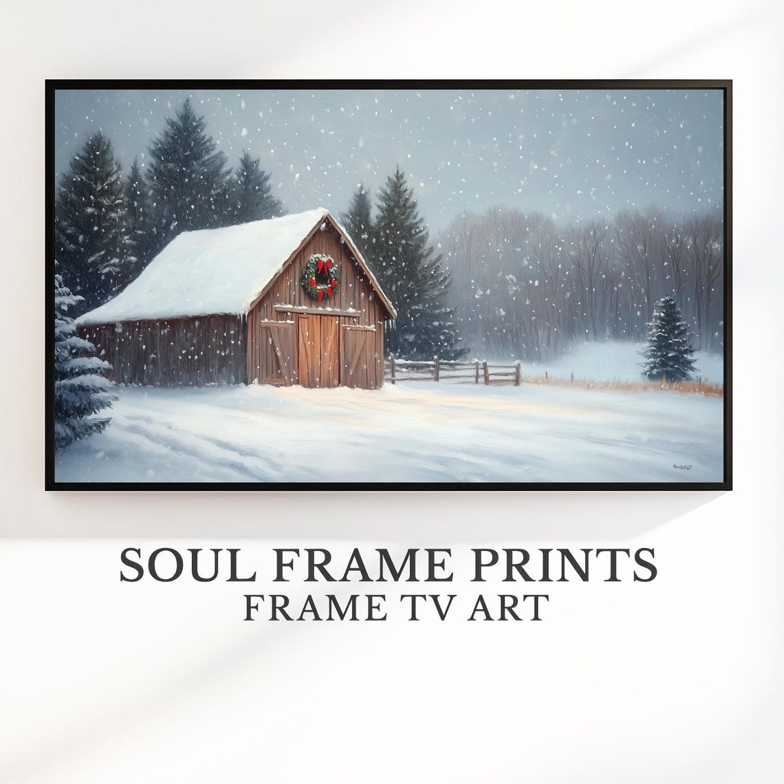 Rustic Wooden Barn with Christmas Wreath in Winter Snowfall Print