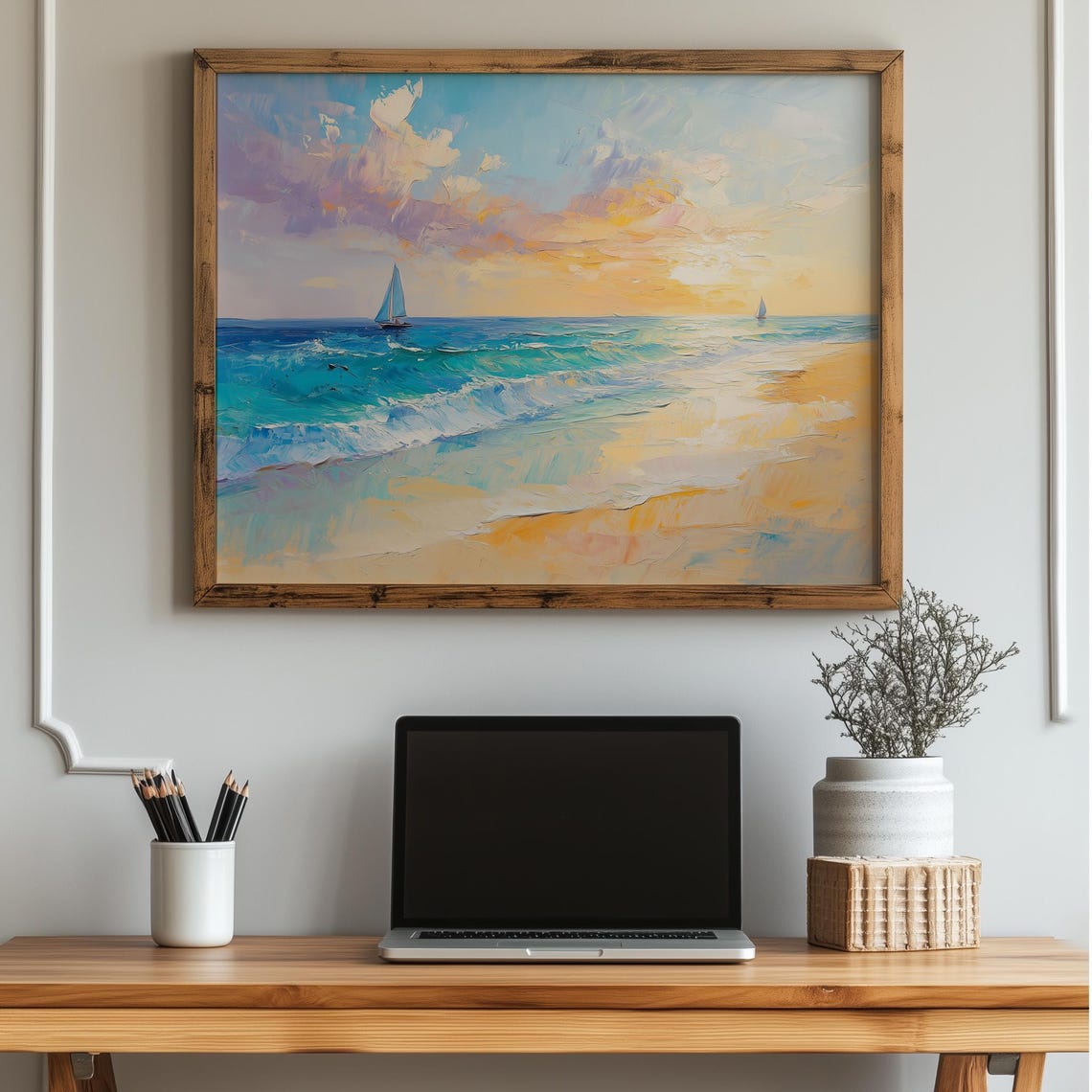 Sunset Seascape Sailboats Impressionist Ocean Painting Poster