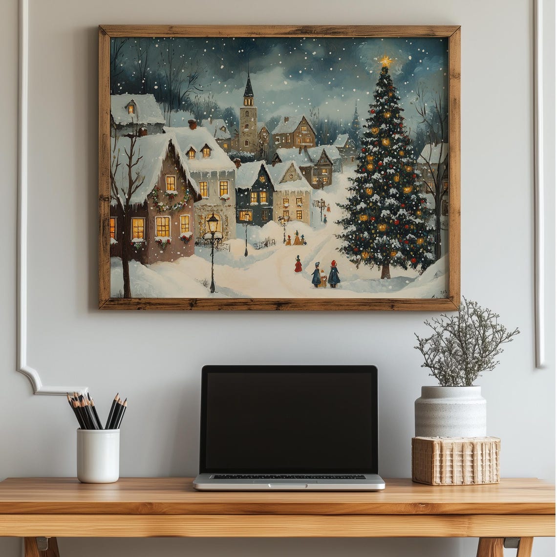Snowy Christmas Village Folk Art Winter Scene Holiday Poster