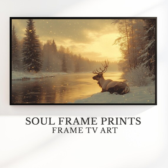 Reindeer Resting by a Snowy River at Golden Dusk Wildlife Poster