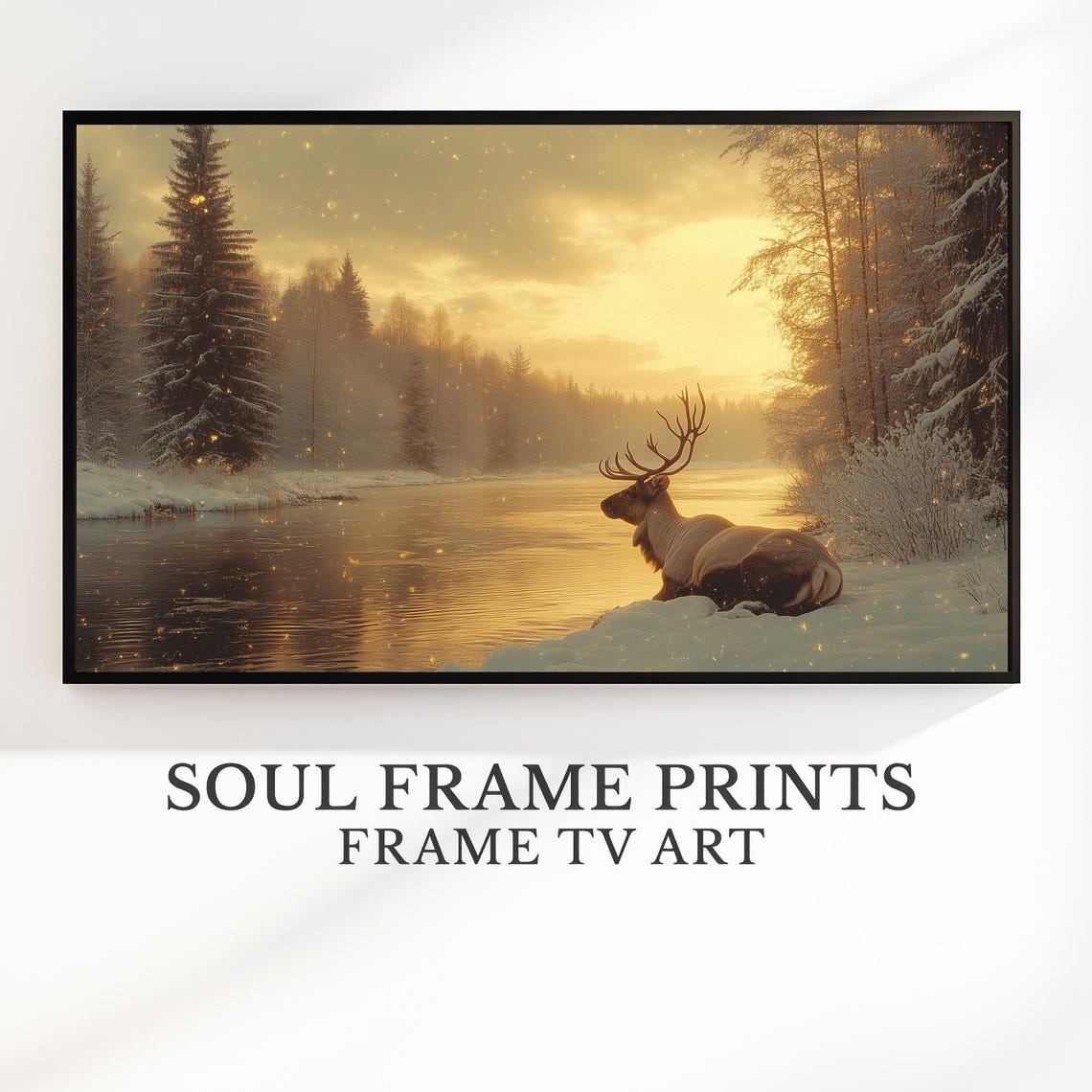 Reindeer Resting by a Snowy River at Golden Dusk Wildlife Poster