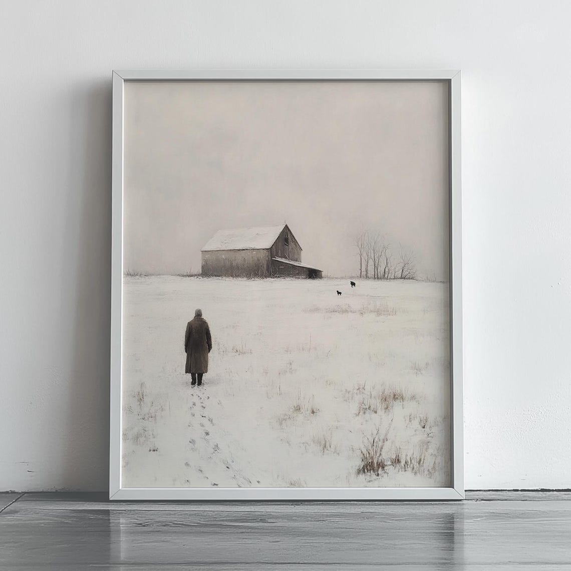 Winter Farmhouse Snowy Field Barn Moody Rustic Painting Wall Art