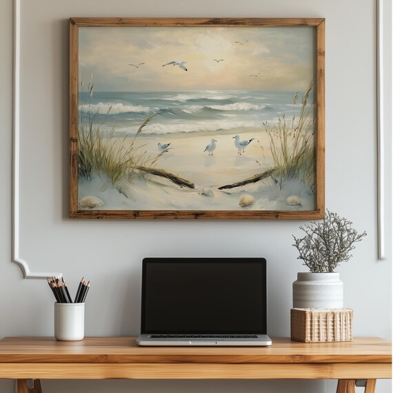 Seagulls Beach Sunrise Vintage Coastal Seascape Painting Poster