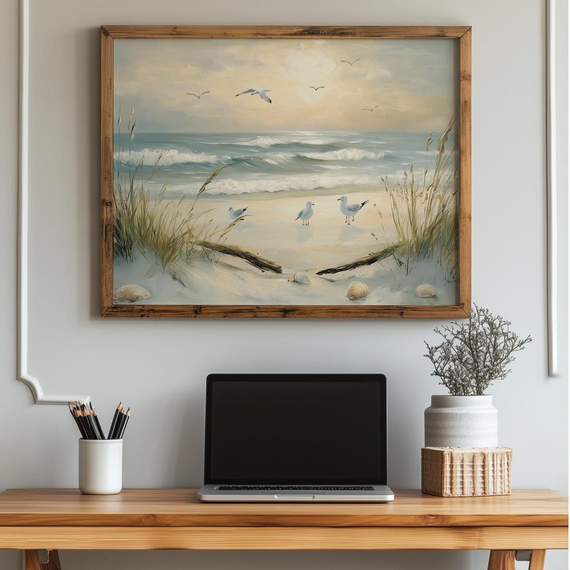 Seagulls Beach Sunrise Vintage Coastal Seascape Painting Poster