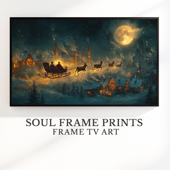 Santa Claus Sleigh Flight Over Snowy Village Moonlit Night Art Poster