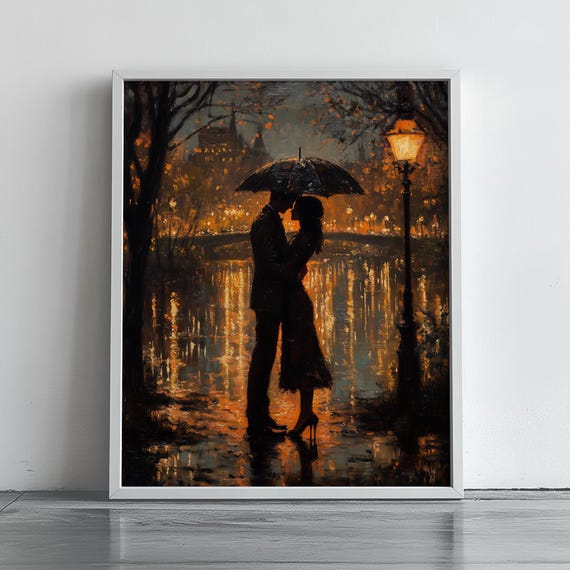 Romantic Couple In Rain Wall Art Moody Night Scene Lovers Under Umbrella Vintage Cityscape Decor Street Lamp 319