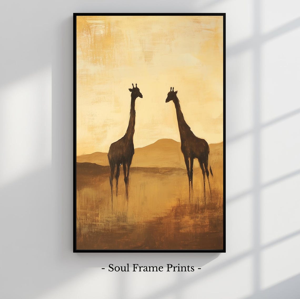 Two Giraffe Silhouettes Facing Off on a Golden Savanna Poster