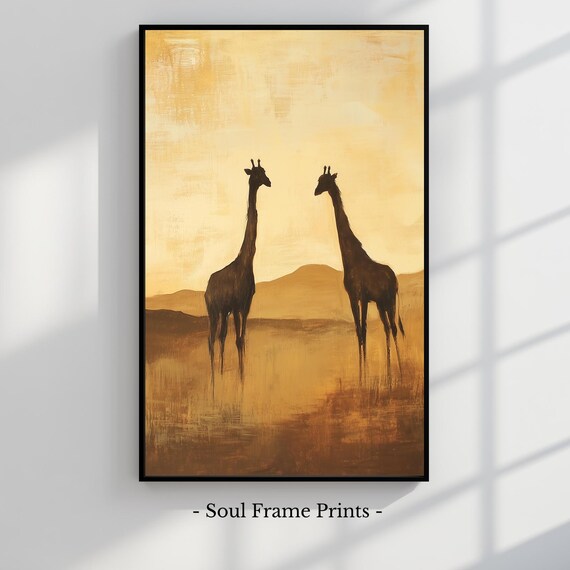Vintage Giraffe Oil Painting Rustic Safari Landscape Art Earthy Wall Decor Wildlife African Animal Scene Print 508