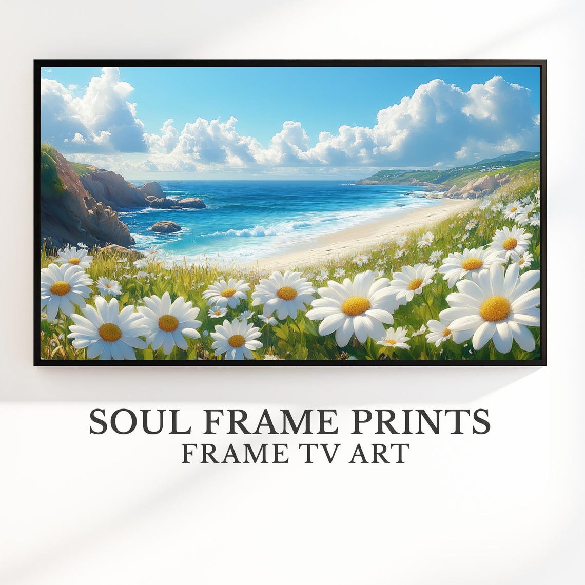 Beach Cove White Daisies Blue Ocean Summer Shores Frame TV Art Print