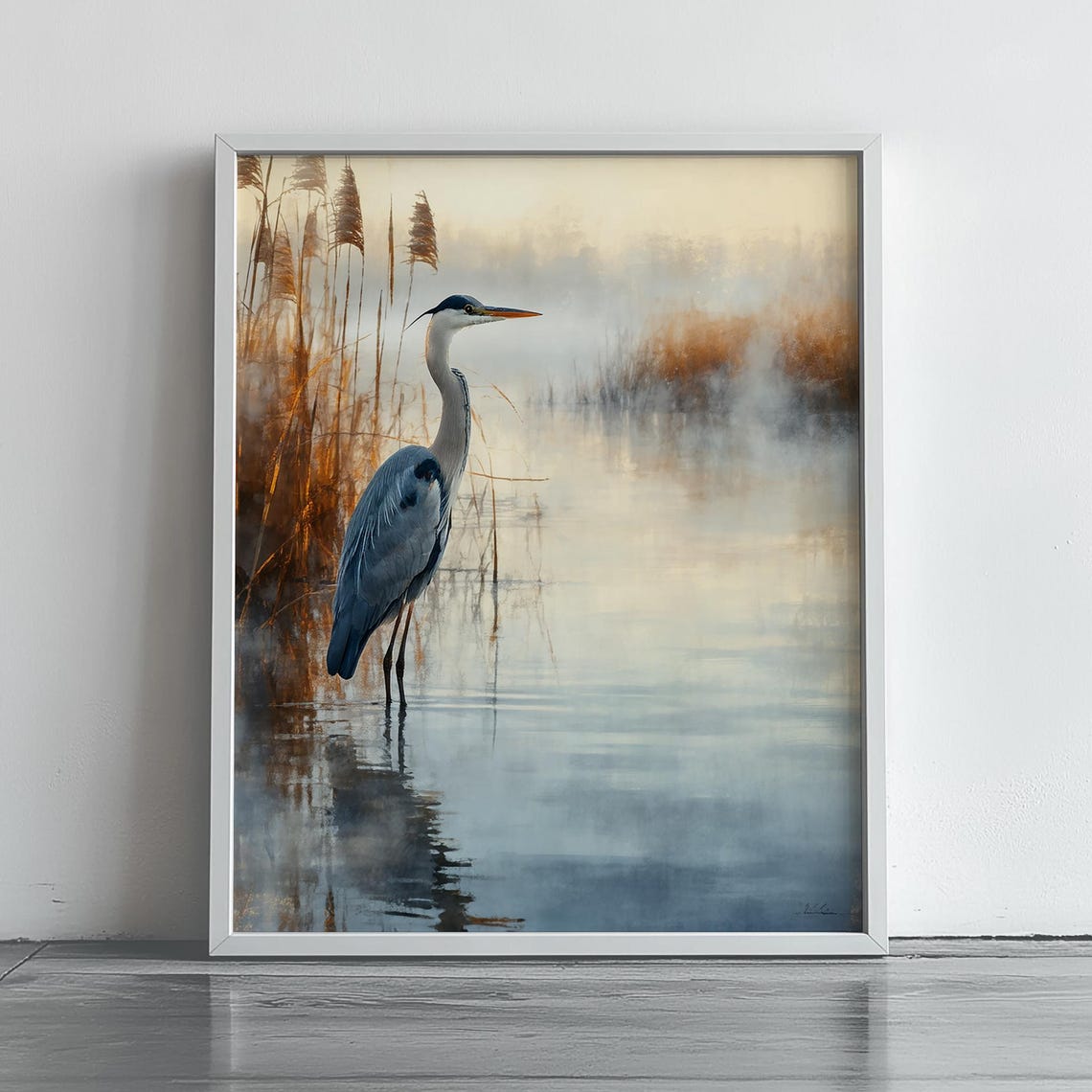 Great Blue Heron Standing Tall In A Misty Morning Wetland Poster