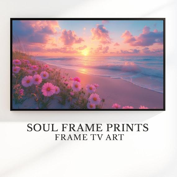 Pink Wildflowers on Beach at Sunset Summer Coastal Photography Poster