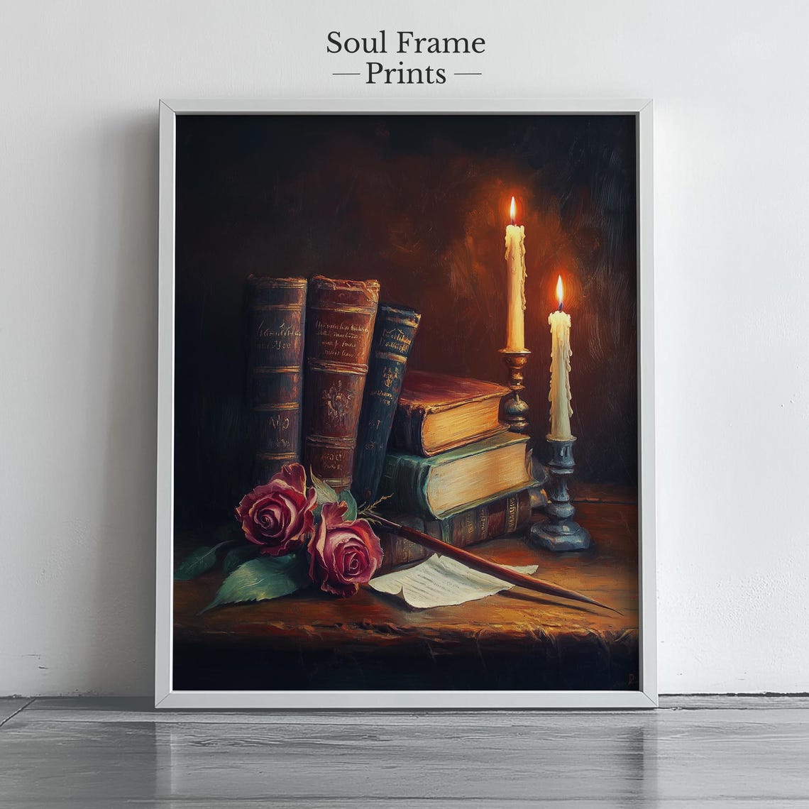 Dark Academia Books Candles Roses Candlelit Still Life Art Poster