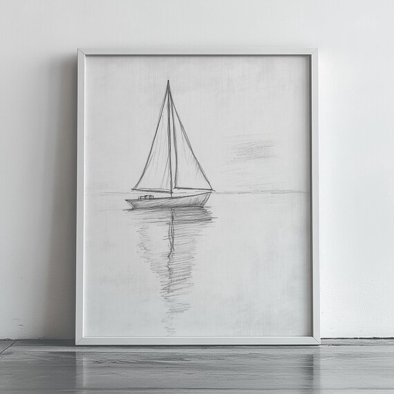 Minimalist Sailboat On Glassy Water Pencil Sketch Nautical Poster