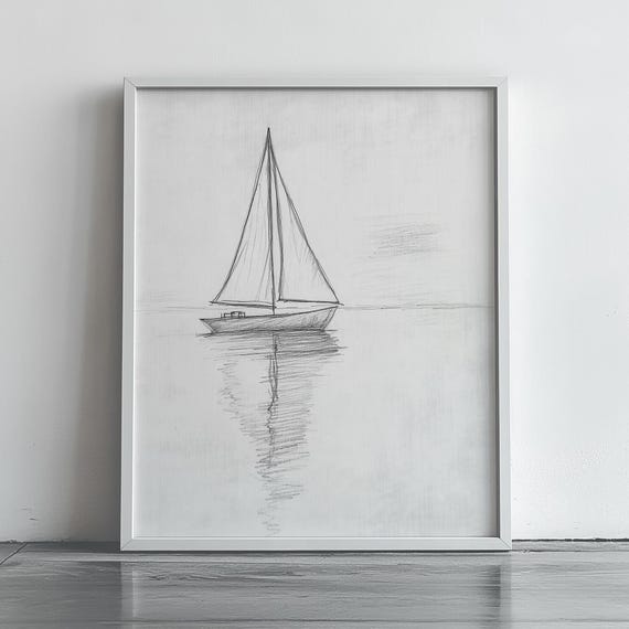 Minimalist Sailboat Pencil Sketch Print Wall Art Nautical Decor Tranquil Boat Scene Coastal Illustration 344