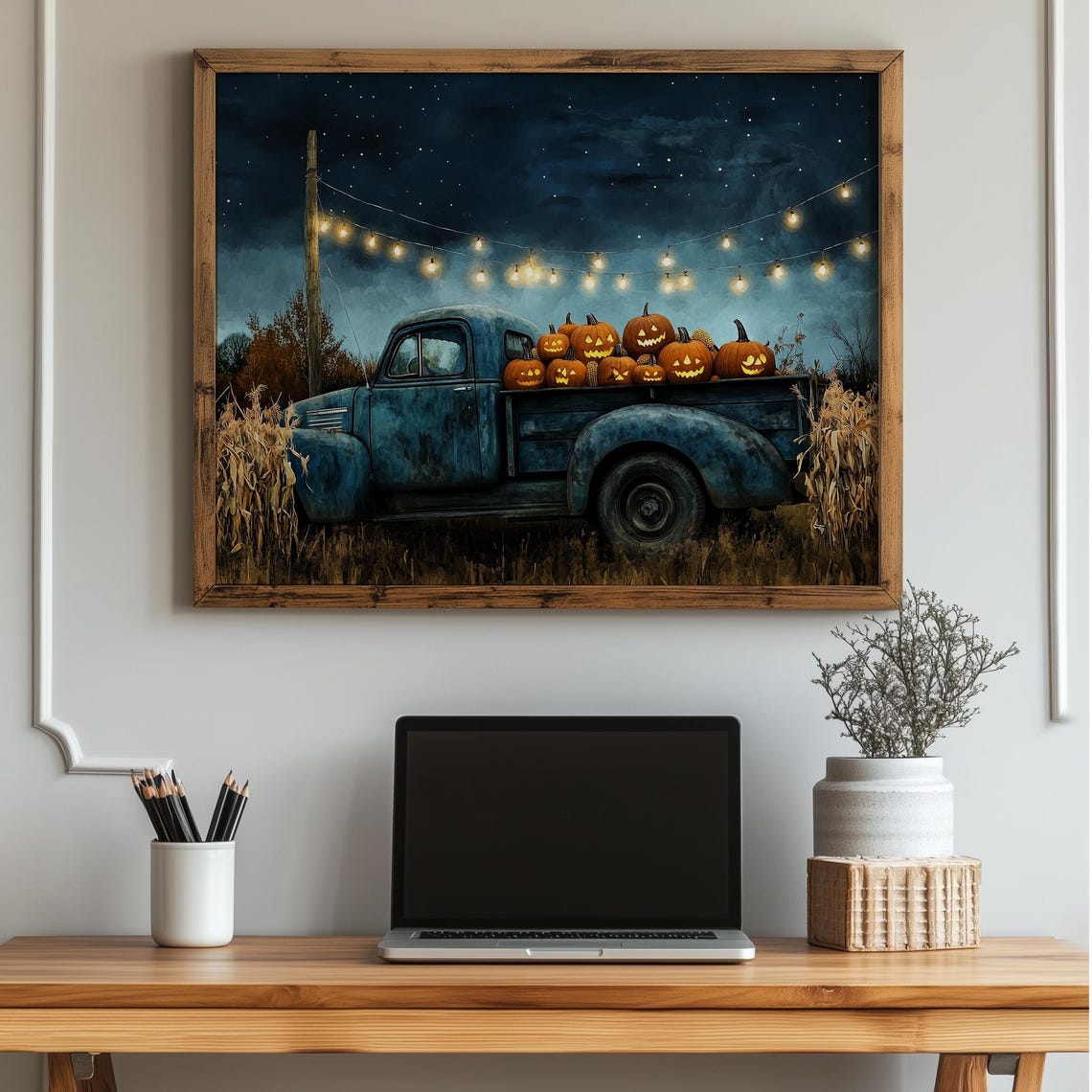Vintage Blue Pickup Truck Full of Pumpkins Under Stars Poster